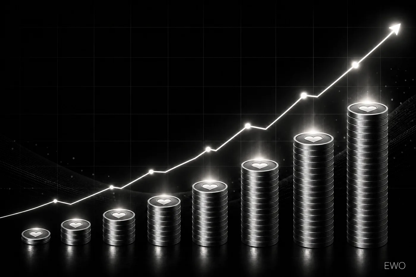 EWO illustration of webcam model income growth — stacked earnings tokens climbing a rising trend line