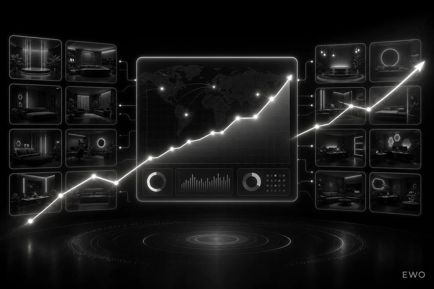 EWO webcam studio multi-room traffic growth and management dashboard illustration